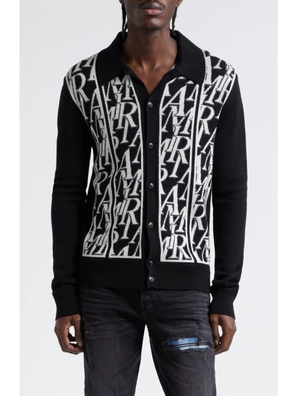 AMIRI Men's Repeat Logo Jacquard Wool Cardigan Sweater Jacket Black Size XL